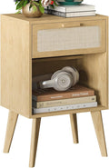 Rattan Nightstand with Opening Storage,Boho Bedside Table with Drawer,Wood Nightstand with Solid Wood Legs,End Side Table for Living Room,Bedroom,Small Space Natural CTG62Y