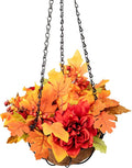 Artificial Faux Maple Leaves Hanging Plants Flowers Basket for Outdoors Autumn Decoration, Silk Maple Leaf Peony Dahlia Look Real Fake Flowers for Porch Outside Patio Balcony Yard Home Garden