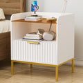 Fluted Nightstand with Charging Station and Glass Top, Modern Bedside Table with Metal Legs, Wood End Table for Bedroom, Living Room (White)