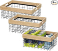 Set of 3 Metal Wire Baskets for Organizing Wood Top with Handles Storage Organizer Farmhouse Decor for Kitchen Cabinets Pantry Laundry Room Bathroom Closets Nesting Countertop Baskets