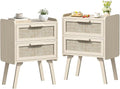 Lerliuo Rattan Nightstands Set of 2, Boho Night Stand with 2 Drawers, Cane Accent Side End Table, Bedside Table with Solid Wood Legs for Bedroom, Dorm and Small Spaces (Grey Oak)