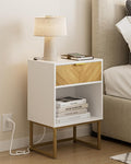 Masupu Nightstand with Charging Station,Modern Night Stand Boho Farmhouse Wood Bedside Table with Storage Drawer Side End Table for Bedroom,Living Room,Office,White with Outlet