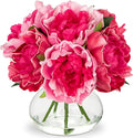 Hollyone Peonies Artificial Flowers with Vase Hot Pink Faux Flowers Peony Fake Flowers Silk Flower Arrangements in Glass Vase with Faux Water for Home Decor Bathroom Table Centerpiece Decorations