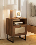 Rattan Nightstand, Boho Night Stand Farmhouse Wood Bedside Table with Storage and Open Shelf, End Side Accent Table for Bedroom,Living Room,Walnut