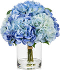 Hollyone Blue Hydrangea Artificial Flowers in Vase Latex Real Touch Large Faux Hydrangea Flowers Arrangements Hydrangeas Fake Flower with Glass Vase with Faux Water for Table Centerpiece Home Decor 