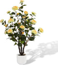 3.2FT Artificial Camellia Tree, Yellow Silk Flowers, Indoor Faux Plants with Realistic Trunk in White Cement Pot for Home House Living Room Bedroom Office Decor, 1pc