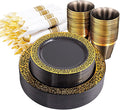 NOCCUR 210pcs Black and Gold Dinnerware Set - Black Disposable Plates and Napkins Party Supplies Include 60 Dinner/Dessert Plates, 30 Prerolled Plastic Cutlery&30 Cups for Party, Birthday, Halloween