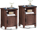 Night Stand Set of 2, 18 Inch Farmhouse Nightstand with with Charging Station and USB Port, Rustic Wood Bedside Table with Magnetic Door, Bed Side Tables for Bedroom, Brown Walnut