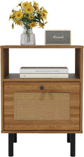 Rattan Nightstand with Storage Boho Modern Farmhouse Bedside Table with Drawer & Open Shelf Light Wood End Table for Bedroom, Living Room, Office, Dorm - Natural Walnut 0ak Color