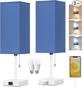 Table Lamp for Bedroom set of 2,3-Color Bedside Lamps with Pull Chain Table Lamps for Nightstand with AC Outlets,18'' Night Light Lamps with 2 Bulbs Lamps for Living Room Kids Office Decor(White-blue)