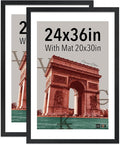 VCK 24x36 Poster Frame Black - with Mat 20x30, Solid Wood Picture Frame with Textured Exclusive, Horizontal and Vertical Formats with Included Hanging Hardware - 2 Pack