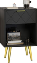 Black Nightstand, Bedside Table with Storage Drawer and Open Wood Shelf, Side Table with Gold Legs, Modern Style Night Stand End Table Drawer Dresser for Living Room Bedroom MLBZ19B