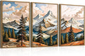 Large Woodcut Style Mountains Framed Canvas Wall Art,Vintage Pine Trees Wall Decor,Boho Natural Snow Ridge Artwork,Modern Woodland Landscape Art Print for Living Room,Bedroom,Office-24 x36 x3
