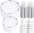 DaYammi 350Pcs Blue and White Plastic Plates Disposable Blue Plates for Party Include 50 Dinner plate,50 Dessert plate- 50 Per Rolled Napkins with Silver Cutlery- 50 Disposable Cups 9 OZ for Wedding
