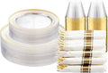 DaYammi 210PCS Clear Gold Plastic Dinnerware Set for 30 Guests, Fancy Disposable Plates for Party, Include: 30 Dinner Plates, 30 Dessert Plates, 30 Pre Rolled Napkins with Gold Silverware, 30 Cups