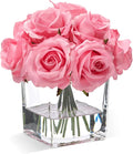 WELL KNOWN Rose Artificial Flowers in Vase with Faux Water, Silk Rose Table Centerpieces for Home Coffee Table Decor, Fake Roses Flower Arrangements for Office Hotel Lavatory Decor (Pink)