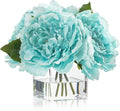 Artificial Peonies Flowers Arrangements in Cube Glass Vase, WELLKNOWN Silk Flower Centerpieces for Dining Room Table, Coffee Table Decor, Faux Peony Flowers with Faux Water(Light Teal Blue)