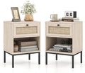 Giantex Rattan Nightstands with Drawer Set of 2, Boho Side Tables with 4 Metal Legs and Open Storage Shelf, Farmhouse Night Stands for Small Spaces, 2 Tier Bedside Tables for Bedroom Office, Oak