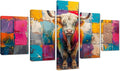 5 Panels Highland Cow Pictures Wall Decor Modern Animals Wall Art Colorful Oil Painting Style Highland Cattle Posters Wall Decor Living Dining Room Classroom Decor Framed - 60''W x 40''H