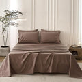 6PS Linen Like Bedding Sheet Sets Light Chocolate Brown Cotton Bedding Set Oeko-TEX Standard 100% Washed Cotton Deep Pocket King Size Fitted Sheet Plus Cozy Flat Sheet and 4 Pillowcases