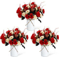 Domensi 3 Sets Wedding Centerpiece for Table Artificial Rose with Vase Fake Bouquets and Metal Pot Floral Arrangements for Holiday Party Event Table Decor (Red)