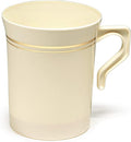 OCCASIONS 120 Mug Pack, Heavyweight Disposable Wedding Party Plastic 8 oz Coffee/Tea/Cappuccino/Espresso Cups with Handles (Ivory & Gold Rim)