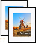 12x16 Metal Picture Frame Set of 2, 12 x 16 Aluminum Photo Frames with 8.5x11 Mat - Sawtooth Hangers, Spring Clips for Wall Mounting Horizontal and Vertical(Black)