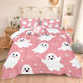 Bedorm Cartoon Ghost Bedding Set Pink Halloween Comforter Set for Girls Shy Ghost Kawaii Halloween Decor Ghost Festival Theme Pink and White Bedding Comforter Set Queen Size
