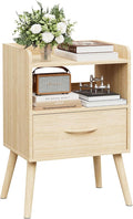 NightStand with Open Shelf,Night Stand with Drawer Storage Side Tables End Table,Bedside Table with Solid Wood Feet,Mid Century Night Stands for Bedroom Sofa Couch Small Spaces (Natural)