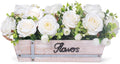 Centerpiece Table Decorations Rustic Wood Tray with 3 Artificial White Rose Flowers and Fake Eucalyptus for Dining Room Farmhouse Living Room Kitchen and Coffee Table Décor