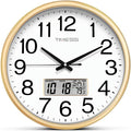 Wall Clock, 11 Inch Non-Ticking Silent Battery Operated Quartz Analog with LCD Display for Perpetual Calendar and F° Temperature, Ideal Modern Home, Bedroom, Kitchen, Office Décor (Gold)