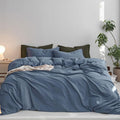MooMee Twin Duvet Cover Set, 100% Washed Cotton Linen Twill Thick Sturdy Material Super Soft Breathable Durable Bedding for All Season, 2 Pieces (Blue, Twin 68