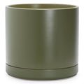 D'vine Dev 14 Inch Ceramic Planter Pot with Drainage Hole and Saucer, Indoor Cylinder Round Planter Pot, Olive, 94-O-G-J