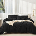 JIYUAN 100% Washed Cotton Duvet Cover Set 3 Pieces Full, 1 Duvet Cover 80x90 Inches(Comforter Not Included) and 2 Pillowcases,Linen Feel Bedding Set Comfy and Breathable,Black