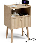 Side Table with Charging Station, Modern End Table with Fluted Drawer, Bedside Table, Night Stand with 2 Tiers Storage Space, for Bedroom, Living Room, Oak