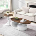 2 Piece Living Room Set, Storage Drawer, Modern Nest Coffee Table Set of 2, Wooden Brown Tabletop Oval Coffee and End Table Set with White Iron Geometric Base