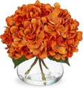 Hollyone Orange Fall Hydrangea Artificial Flowers for Decoration with Vase Silk Fake Flowers Arrangements in Glass Vase with Faux Water Autumn Festival Table Centerpiece Fall Decorations for Home