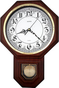 JUSTIME Traditional Schoolhouse Classic Vintage Arabic Regulator Wall Clock, Chiming Wall Clocks with Pendulum & Westminster Chime Hourly, Schoolhouse Wall Decor Battery Operated (Dark Wood Grain)