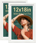 VCK 12x18 Frame, Textured White Wood Poster Frame with HD Glass, Display Picture 11x17 with Mat or 12x18 without Mat, 2 Pack