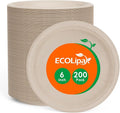 ECOLipak 6 Inch Disposable Compostable Small Paper Plates, 200 Pack Recycled Sugarcane Bagasse Biodegradable Heavy Duty Mini Dinner Appetizer Cake Dessert Plates for Party(Nature)