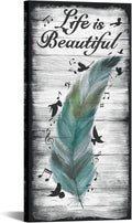 iKNOW FOTO Rustic Canvas Wall Art Decor Abstract Feather and Flying Birds with Inspirational Quote Life is Beautiful Picture Giclee Prints for Modern Living Room Bedroom Decoration 20x40