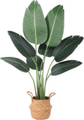 Artificial Plants 4FT Artificial Bird of Paradise Plant in Pot, Tall Fake Tree with Woven Basket, Realistic Faux Palm Tree 8 Trunks Silk Plants for Modern Home Décor Indoor Outdoor Office