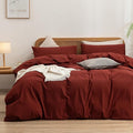 BESTOUCH Duvet Cover Set 100% Washed Cotton Linen Feel Super Soft Comfortable Chic Lightweight 3 PCs Home Bedding Set Solid Fired Brick Red Oversized Full