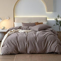 JIYUAN 100% Washed Cotton Duvet Cover Set 3 Pieces Alaska King, 1 Duvet Cover 132x120 Inches(Comforter Not Included) and 2 Pillowcases,Linen Like Comfy and Breathable,Heathered Mauve Brown