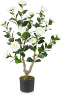 Goplus 36’’ Artificial Camellia Tree, Flower Plants Artificial Tree, Faux Floral Plant Blooming Tree in Nursery Pot, Greenery Potted Plant for Indoor Office Home Porch Decor, White