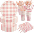 400PCS Light Pink Gingham Party Supplies, Scalloped Disposable Tableware Set Includes Paper Plates Napkins Cups Straws Forks Knives Spoons for Baby Shower Birthday Wedding Decorations, Serve 50