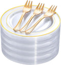 DaYammi 240Pcs Appetizer Plates Include 120Pcs Gold Dessert Plates 6.3inch with 120Pcs Gold Plastic Forks 5.7inch,Clear gold plates Disposable Salad Plate for Party Cake Plate for Wedding