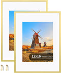 12x16 Metal Picture Frame Set of 2, 12 x 16 Aluminum Photo Frames with 8.5x11 Mat - Sawtooth Hangers, Spring Clips for Wall Mounting Horizontal and Vertical(Gold)