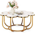 LITTLE TREE 39.37-Inch White and Gold Coffee Table, Modern Flower-Shaped Center Table with Faux Marble Top & Metal Frame, Floral Accent Coffee Table for Living Room, Bedroom, Lounge