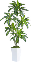Artificial Dracaena Tree Artificial Silk Tree Faux Tree Fake Tropical Yucca Floor Plant with White Tall Planter (1, White Tall Planter, 6FT)